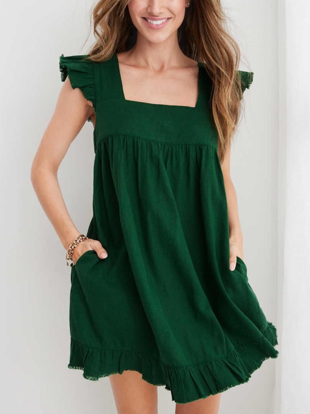 aerie Forest Green Square Neck Ruffle Sleeve Sundress